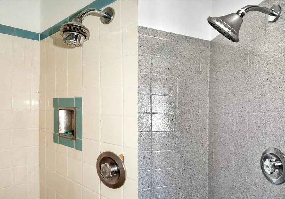 Before and after image of shower repaired and restored through Miracle Method’s refinishing process